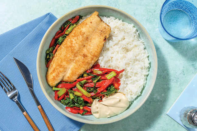 Crumbed Fish & Garlic Rice Bowl