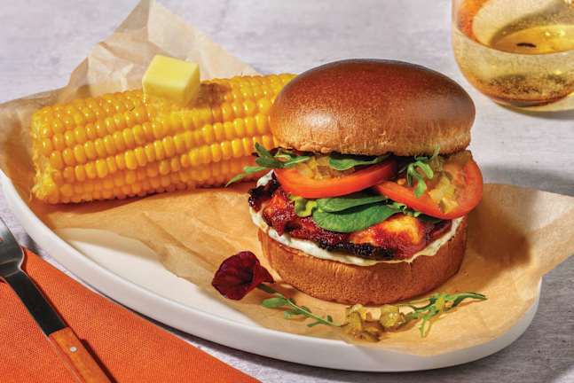 Honey-Harissa Haloumi Burger & Herby Mayo