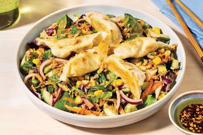 Veggie Potstickers & Sesame-Miso Smashed Quke Salad