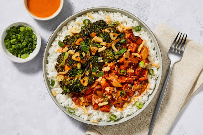Roasted Sweet Potato Kimchi Rice Bowls