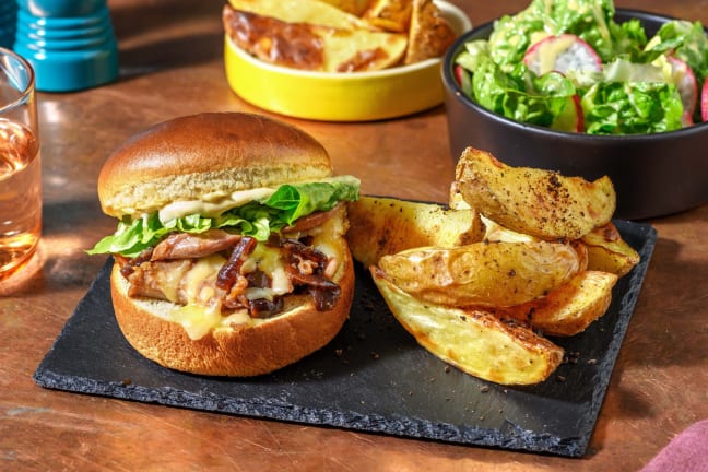 Cheesy Confit Duck Burger and Truffled Wedges