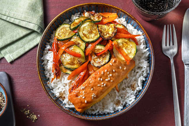 Zalm in hoisinsaus met geroosterde groenten