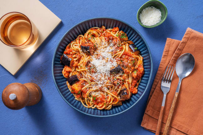Chorizo and Roasted Aubergine Spaghetti