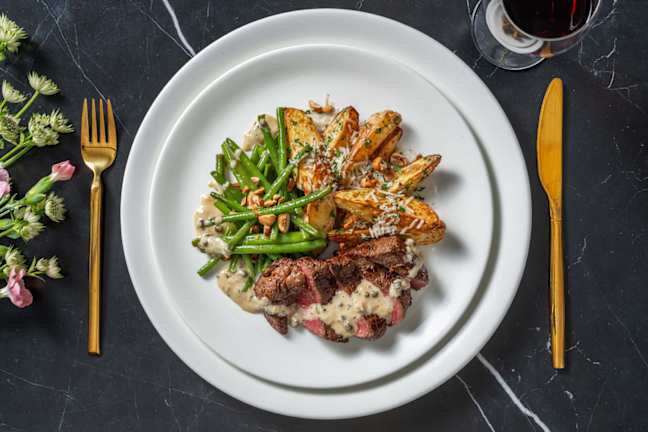 Feines Rindshuftsteak in grünem Pfefferrahm