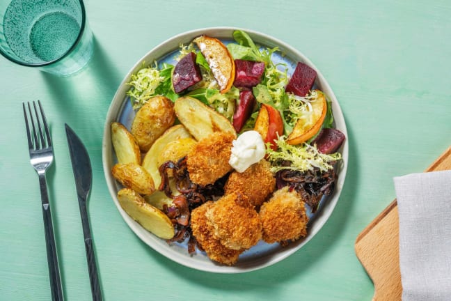 Vegetarische nuggets met bietensalade en krieltjes