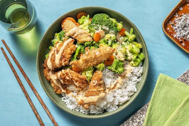 Kipbowl met panko en zoete sojamayonaise