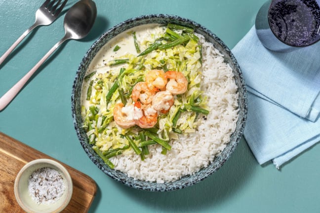 Groene curry met garnalen en rijst