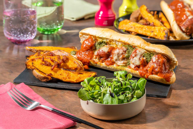 Cheesy Meatball Sub and Bacon Wedges