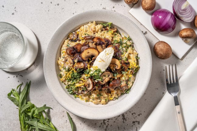 Orzo garni de ricotta au citron et champignons blonds