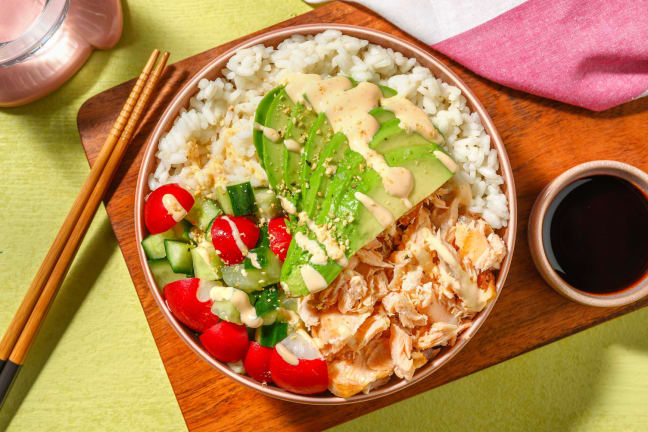 Sushibowl met warmgerookte zalm en gembermayonaise 