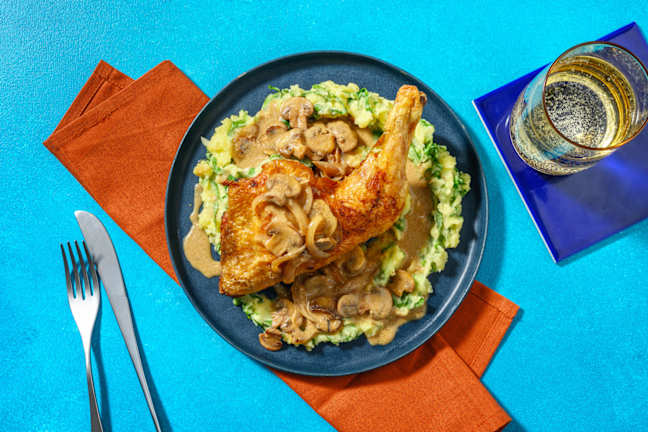 Cuisse de poulet dorée & purée d'épinards