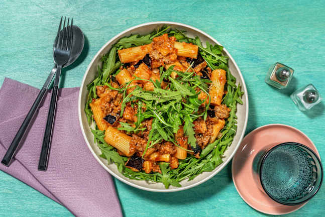 Rigatoni en sauce crémeuse à l'aubergine et bœuf haché
