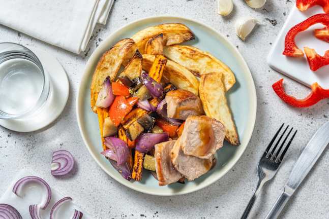 Varkenshaas in honing-mosterdsaus met aardappelpartjes
