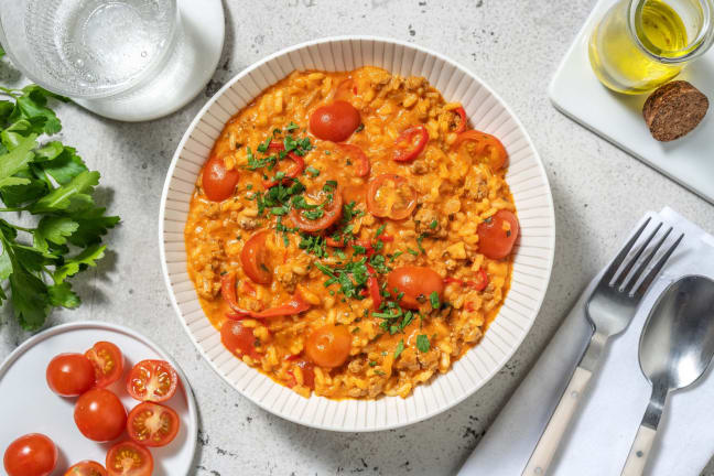 Risotto à la tomate et saucisses de poulet