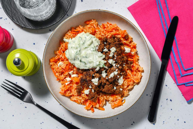 Mezze Rindshackpfanne auf Tomatenreis