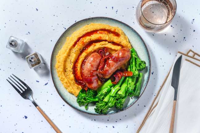 Honey Mustard Sausages and Red Onion Gravy