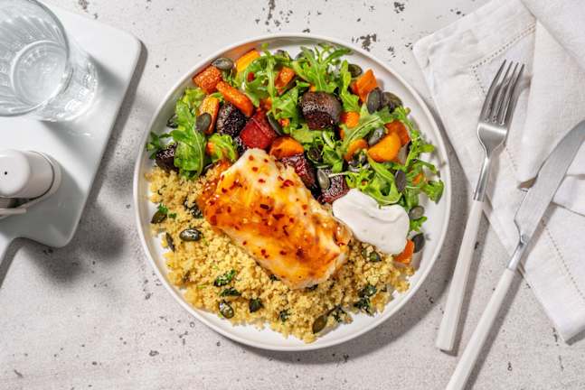 Pandestegt hvid fisk og chili-abrikosglaze
