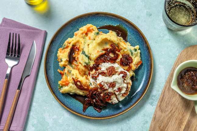 Stoemp au fromage de chèvre crémeux et jus à l'oignon