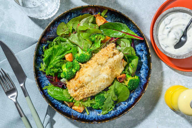 Ugnsbakad vit fisk med ost- och senapstäcke