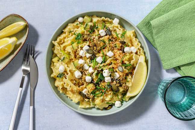 Mafaldine crémeuses aux bouchées de fromage de chèvre au miel