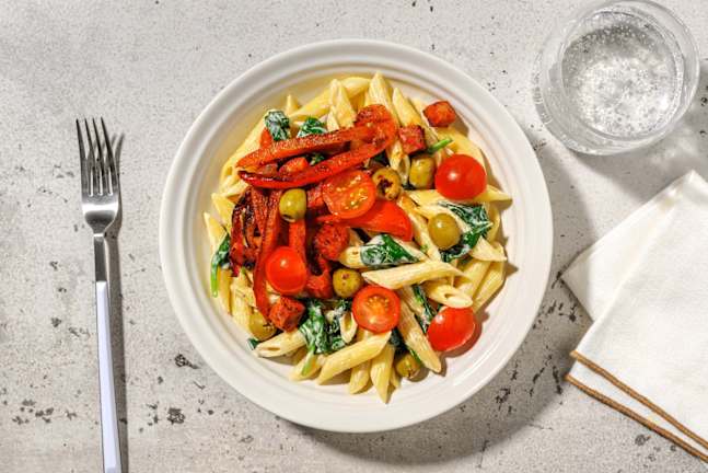 Romige pasta met chorizo en olijven