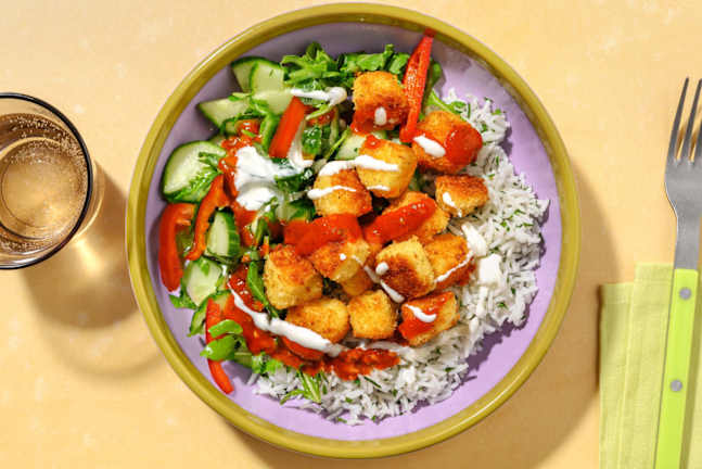 Spanskinspirerad panerad grillostbowl