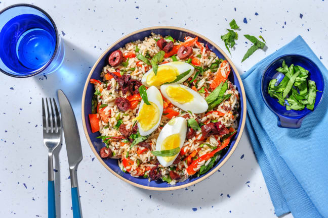 Salade de riz à la niçoise : thon & olives