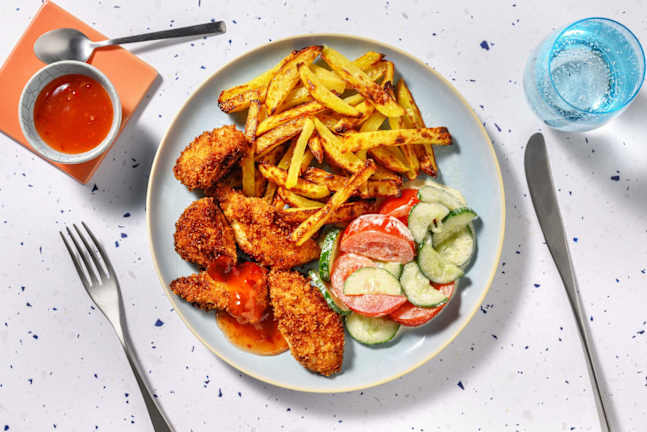 Zelfgemaakte kipnuggets met frietjes