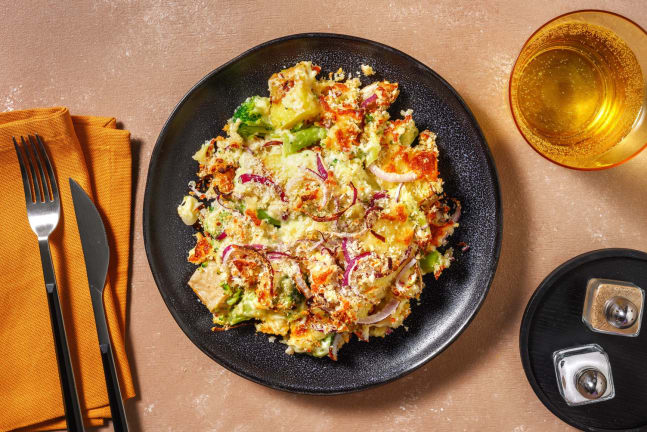 Gratin met vegetarische kipstukjes en broccoli