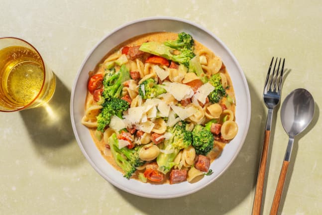 Romige orecchiette met chorizo en broccoli