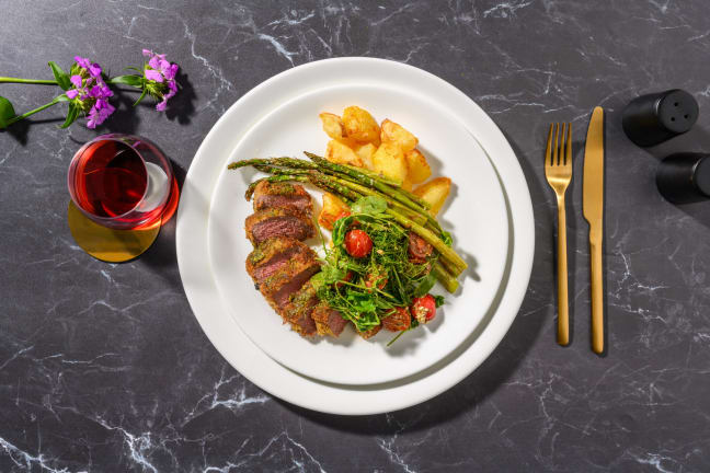 Pesto Crusted Lamb Steak and Roast Potatoes