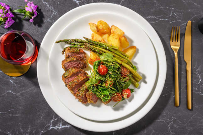 Pesto Crusted Lamb Steak and Roast Potatoes