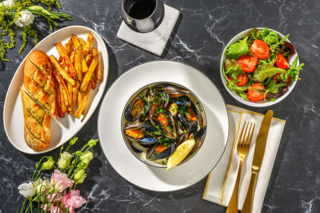 Moules Frites and Garlic Baguettes