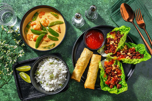Red Thai Style Prawn Curry and Peanut Pork Lettuce Cups Feast