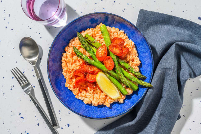 Roasted Asparagus, Chicken and Balsamic Tomato Risotto