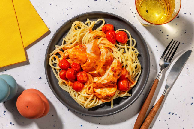 Poulet au four et linguine au pesto rosso crémeux