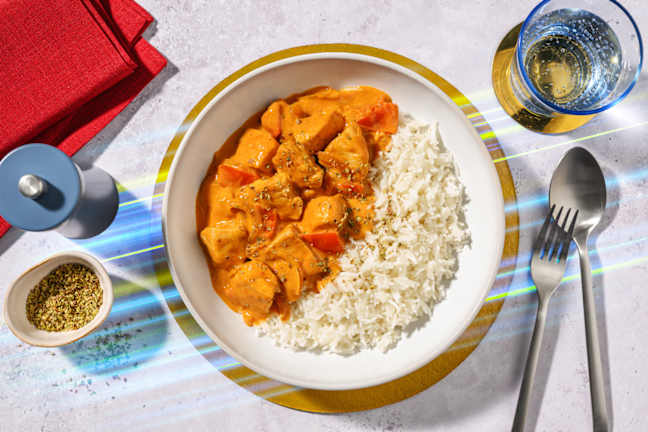 Dados de pollo con salsa relámpago de pimentón