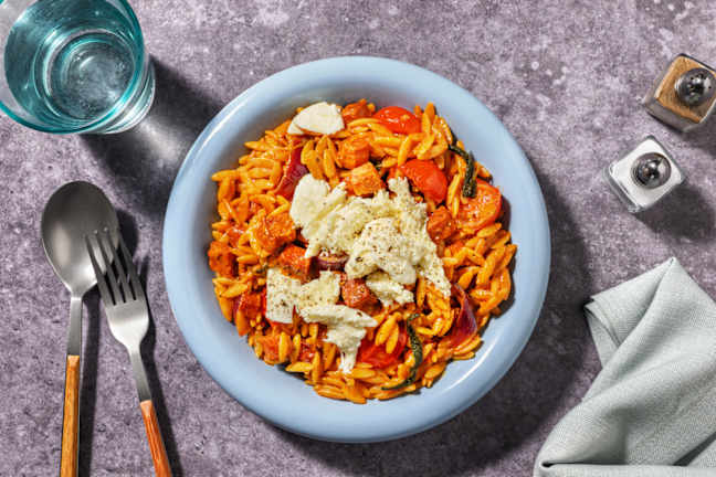 One-pan Chorizo and Mozzarella Orzo