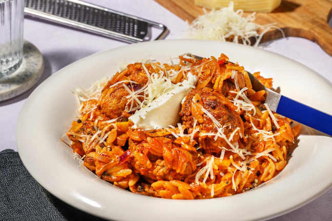 Orzo met köfte-stijl gehaktballetjes