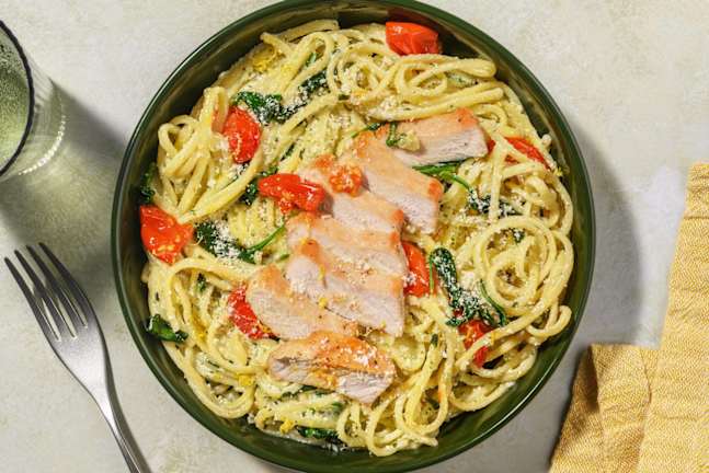 Pork Steak on Springtime Ricotta and Pesto Linguine