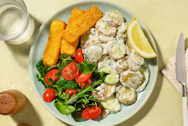 No-Fish Fingers with Creamy Yogurt-Dill Potato Salad