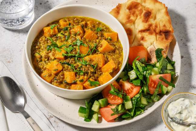 Linzencurry met zoete aardappel en naan