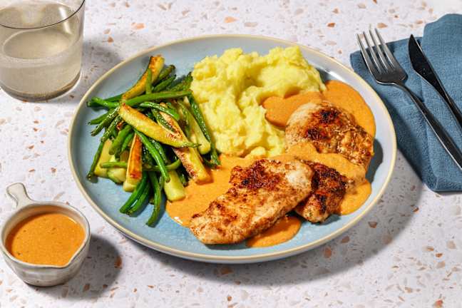Creamy Red Pesto Chicken & Garlicky Mash
