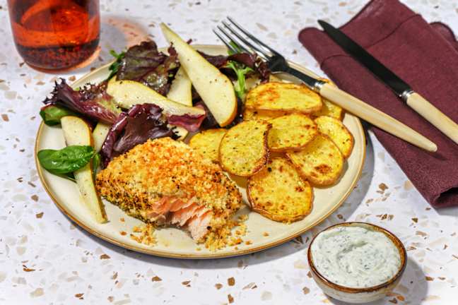 Crumbed Salmon & Golden Potato Rounds