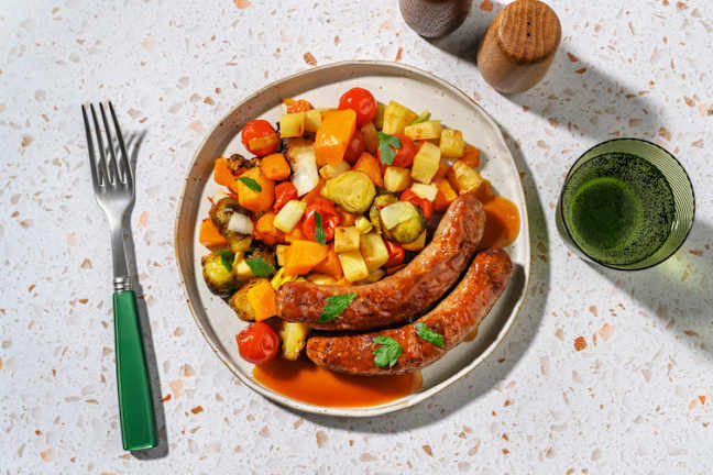 Easy Pork Sausages & Brussels Sprout Traybake