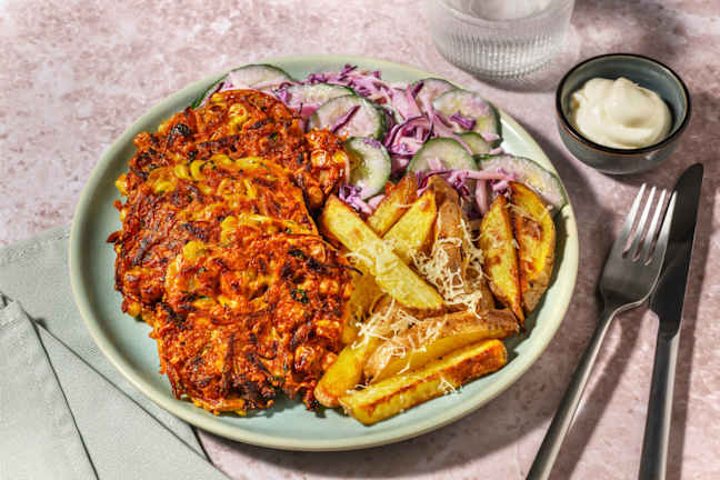 BBQ Veggie Fritters & Cheesy Fries