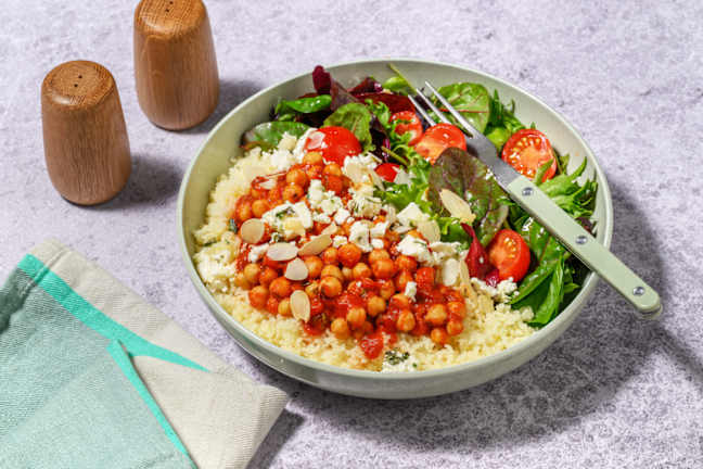 Quick Herby Tomato Chickpeas & Goat Cheese