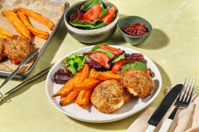 Cheesy Lava Pork Patties & Chargrilled Capsicum Relish