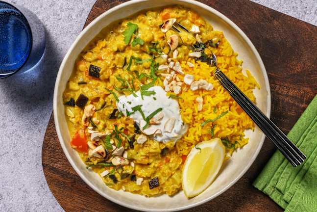Pittige massala met linzen en aubergine