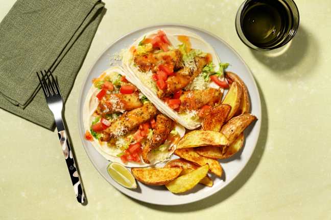 Mexican Style Spiced Fish Finger Tacos and Wedges